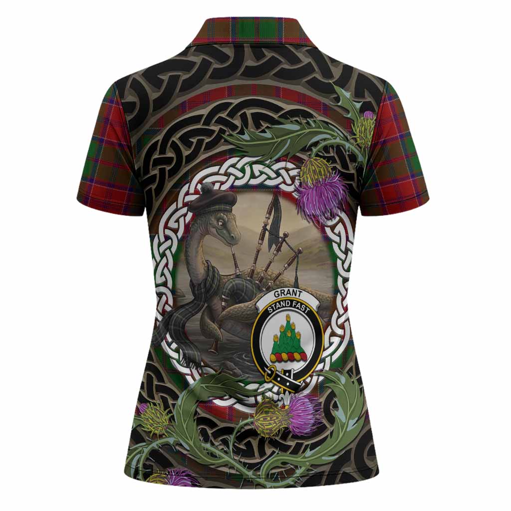 Grant Tartan Crest Bagpipe Nessie Women Polo Shirt Scottish Loch Ness Monster Celtic Thistle