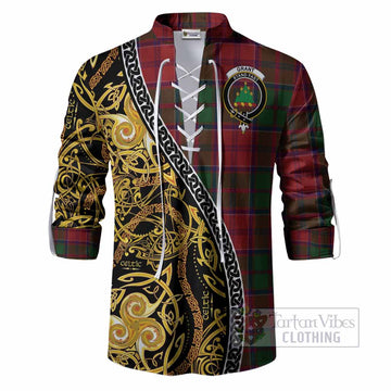 Grant Tartan Crest Ghillie Shirt Celtic Knot and Triple Trickle Spiral Symbols