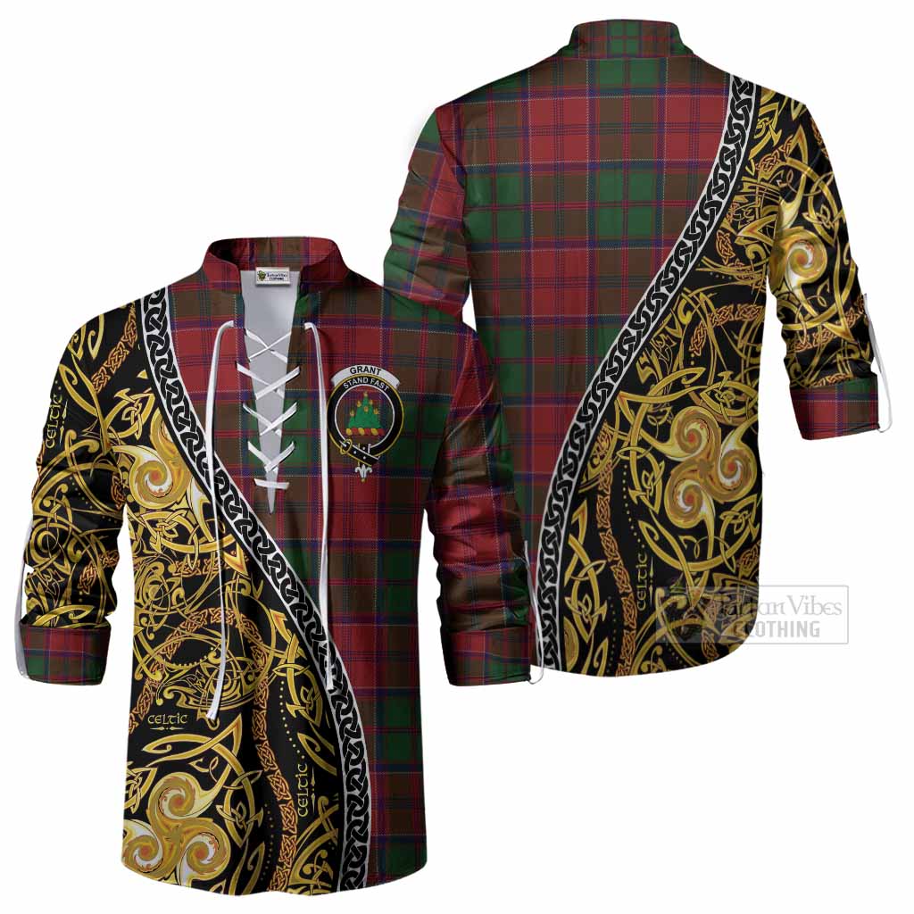 Grant Tartan Crest Ghillie Shirt Celtic Knot and Triple Trickle Spiral Symbols