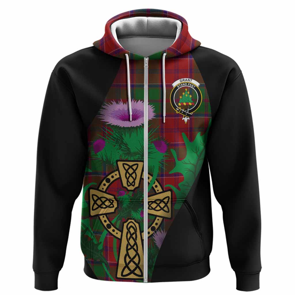 Grant Tartan Crest Hoodie Celtic Cross Thistle Flowers
