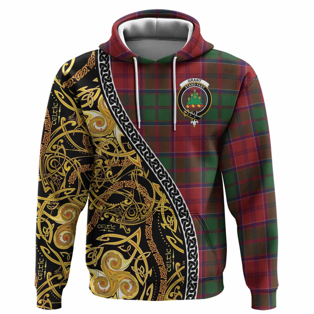 Grant Tartan Crest Hoodie Celtic Knot and Triple Trickle Spiral Symbols