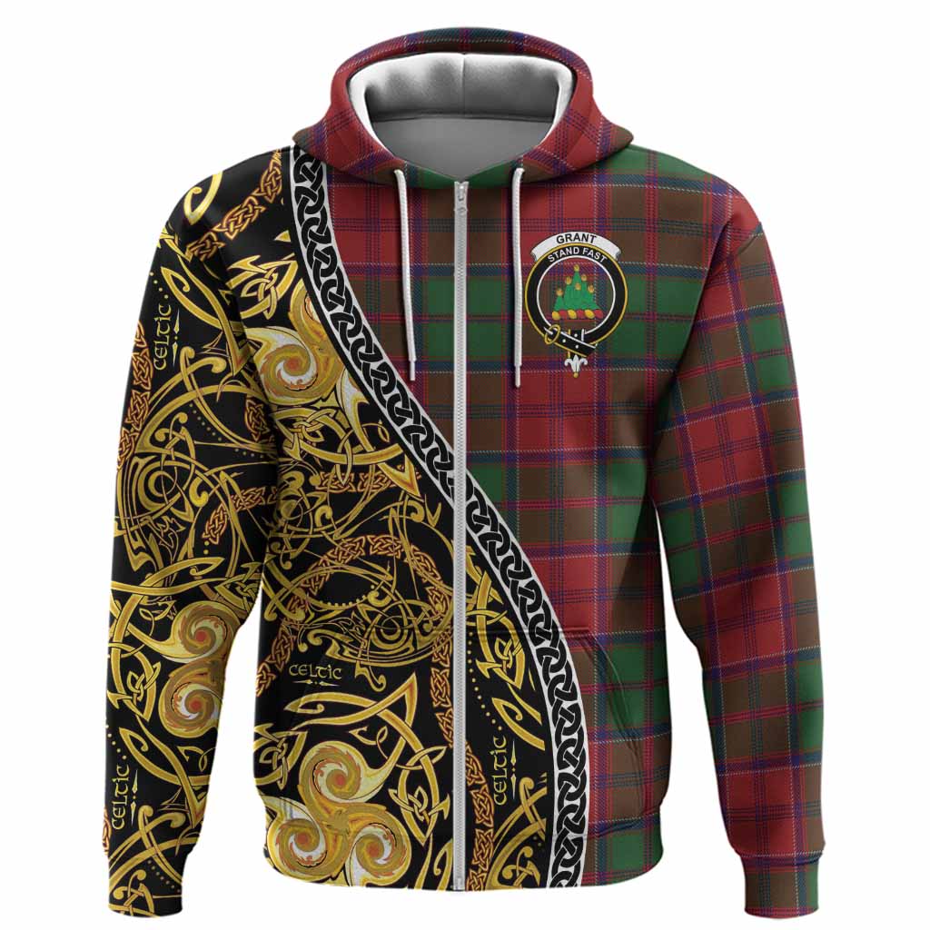 Grant Tartan Crest Hoodie Celtic Knot and Triple Trickle Spiral Symbols