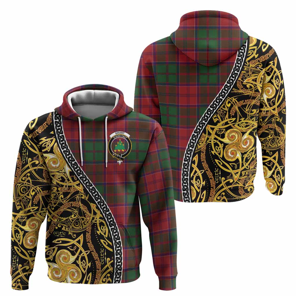 Grant Tartan Crest Hoodie Celtic Knot and Triple Trickle Spiral Symbols