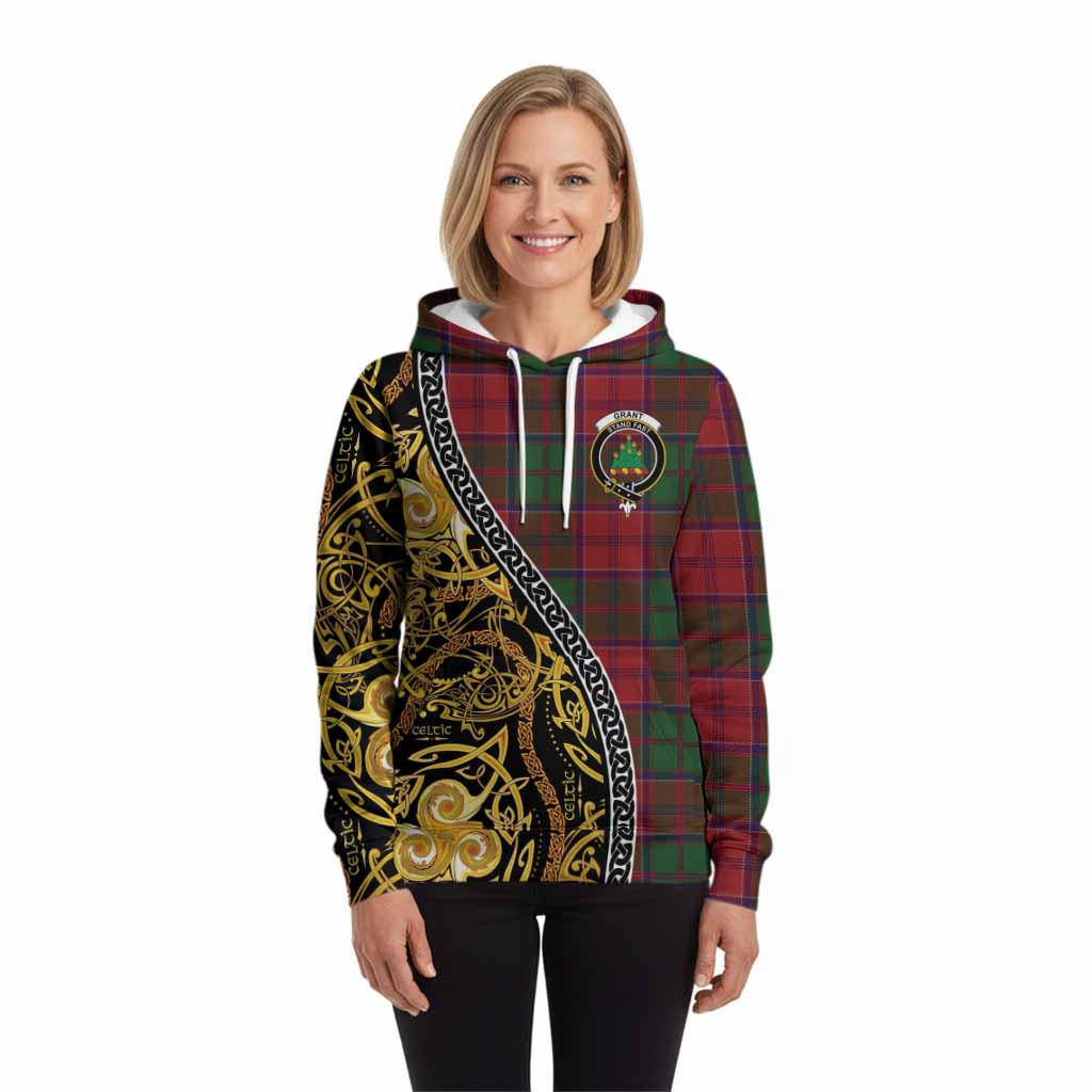 Grant Tartan Crest Hoodie Celtic Knot and Triple Trickle Spiral Symbols