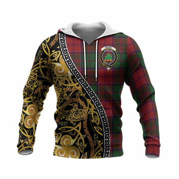 Grant Tartan Crest Knitted Hoodie Celtic Knot and Triple Trickle Spiral Symbols