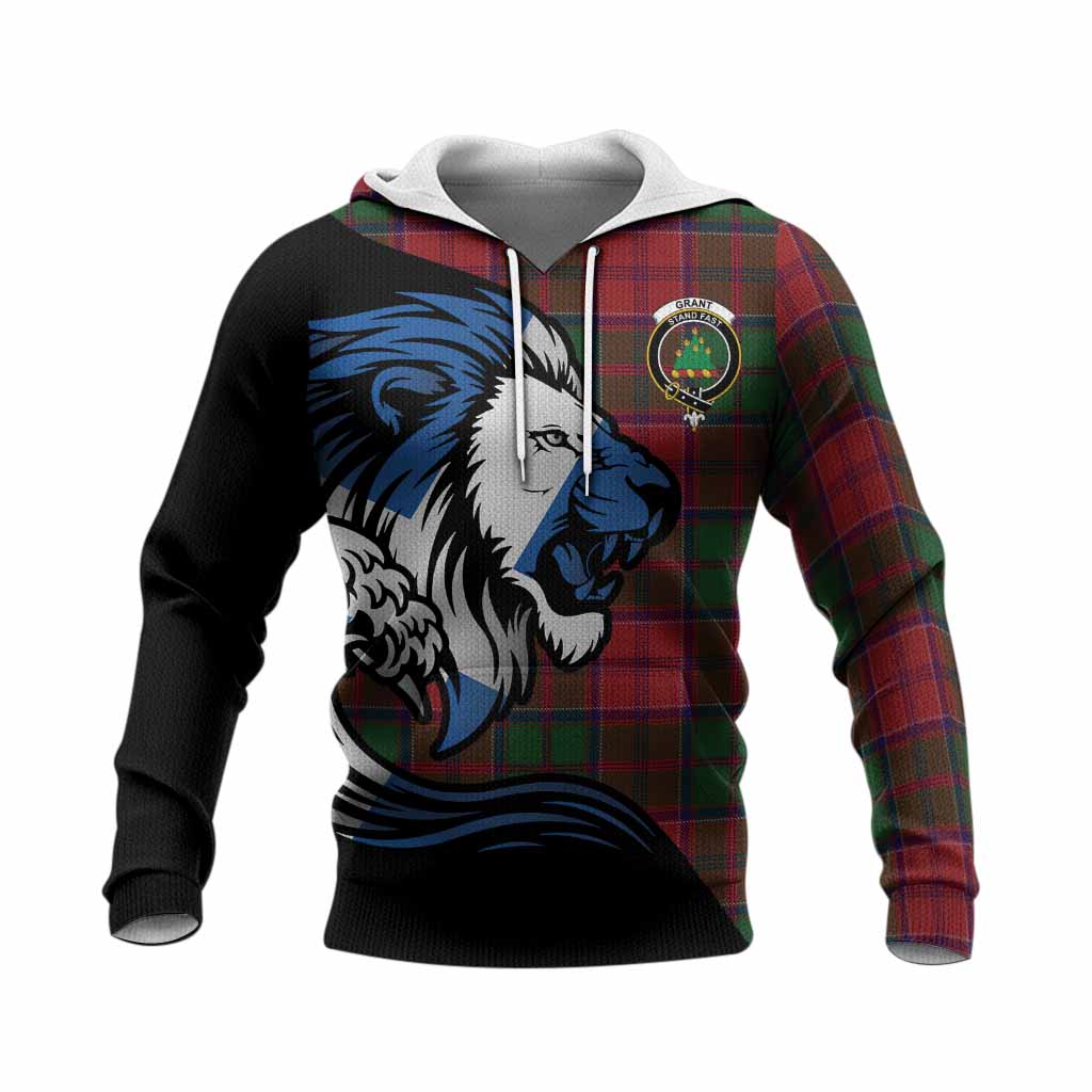 Grant Tartan Crest Knitted Hoodie Scottish Golden Lions Wave Flow