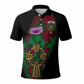 Grant Tartan Crest Polo Shirt Celtic Cross Thistle Flowers