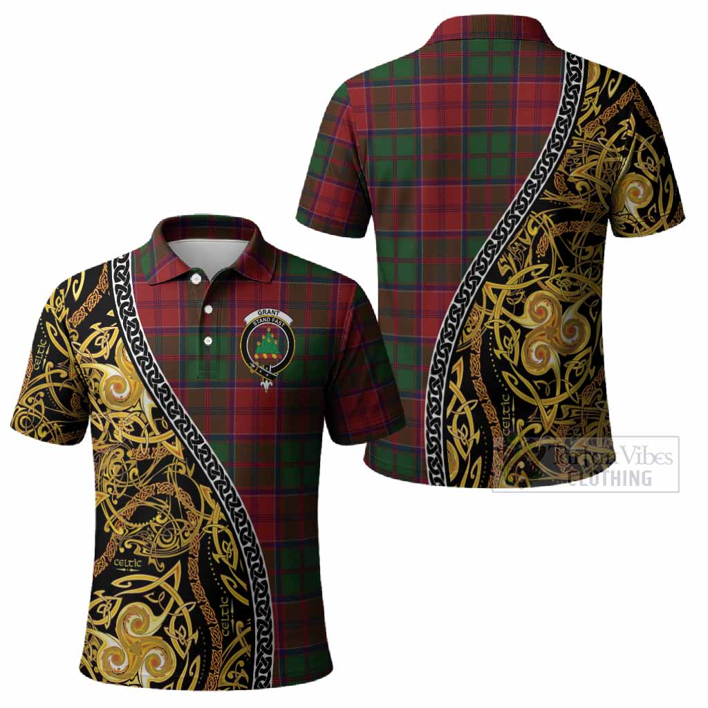 Grant Tartan Crest Polo Shirt Celtic Knot and Triple Trickle Spiral Symbols