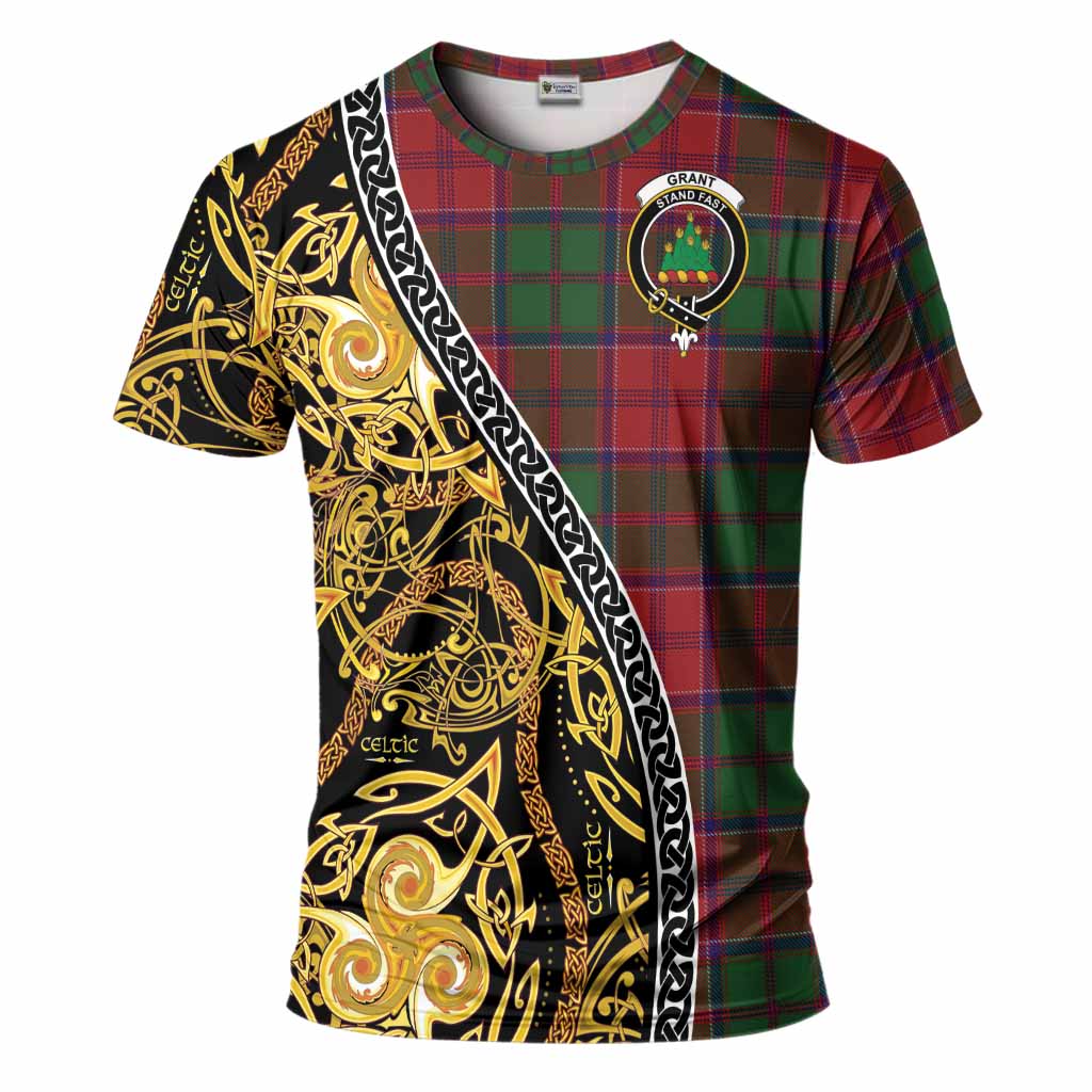 Grant Tartan Crest T-Shirt Celtic Knot and Triple Trickle Spiral Symbols