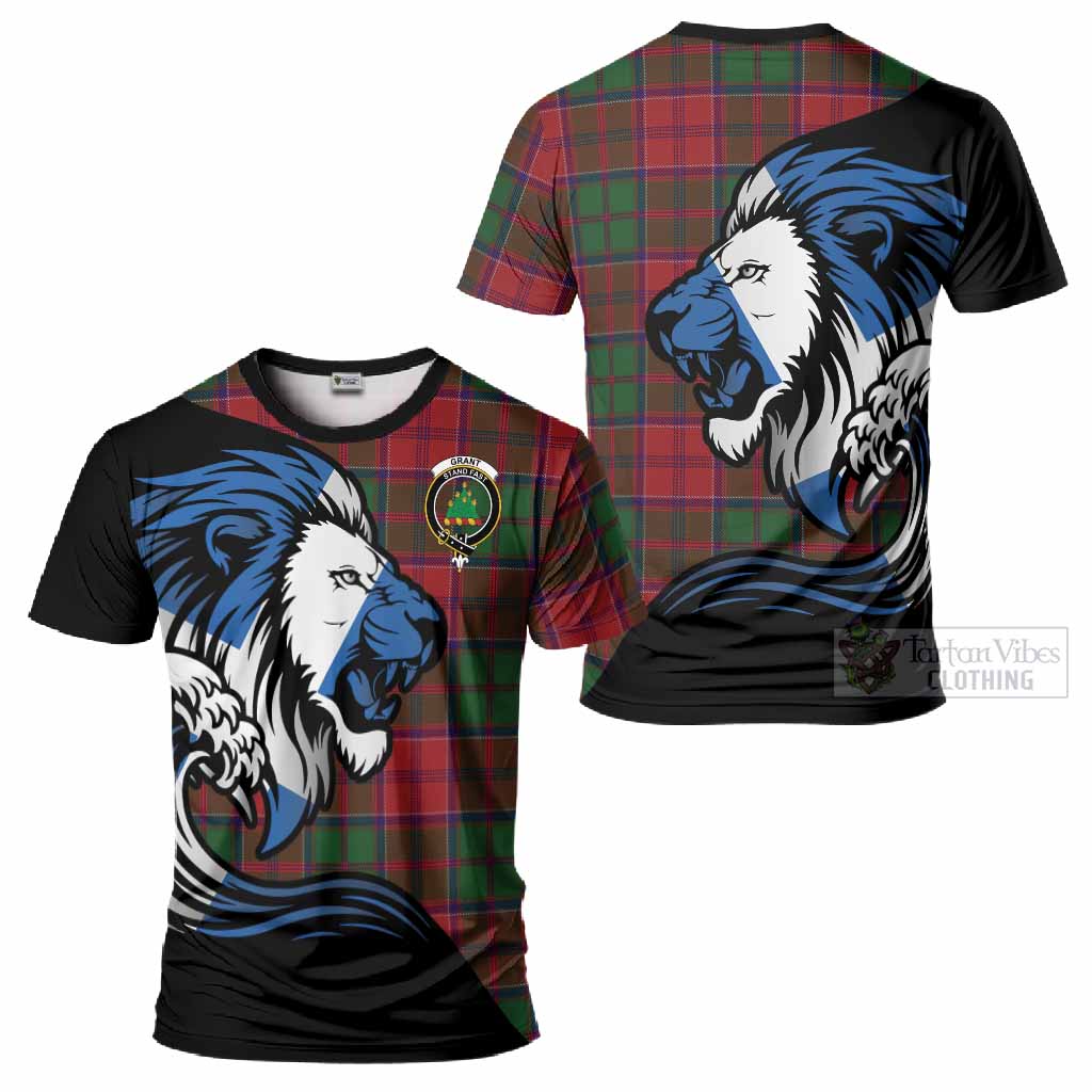 Grant Tartan Crest T-Shirt Scottish Golden Lions Wave Flow