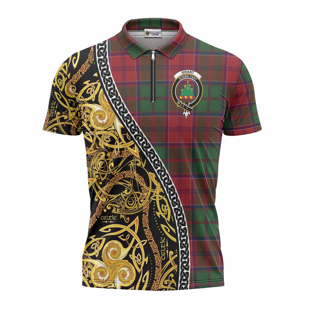 Grant Tartan Crest Zipper Polo Shirt Celtic Knot and Triple Trickle Spiral Symbols