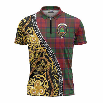 Grant Tartan Crest Zipper Polo Shirt Celtic Knot and Triple Trickle Spiral Symbols