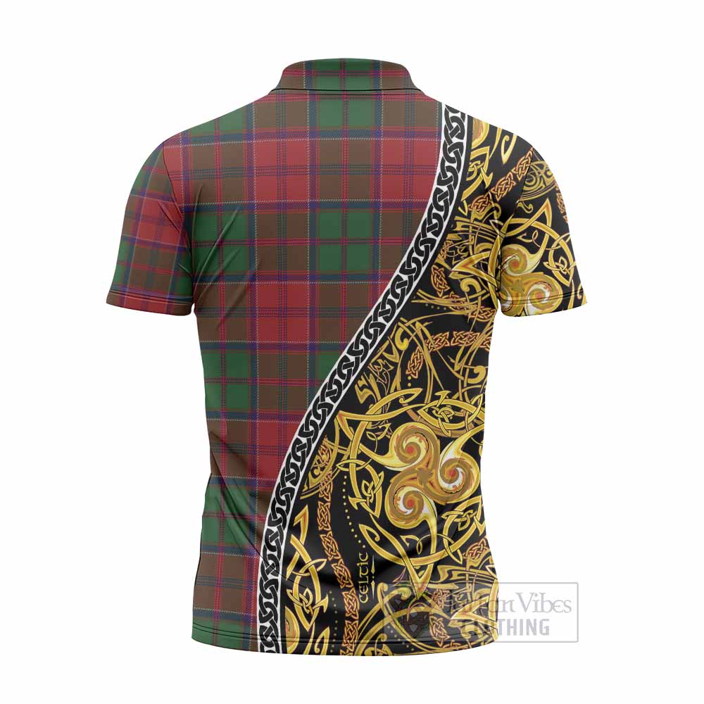 Grant Tartan Crest Zipper Polo Shirt Celtic Knot and Triple Trickle Spiral Symbols
