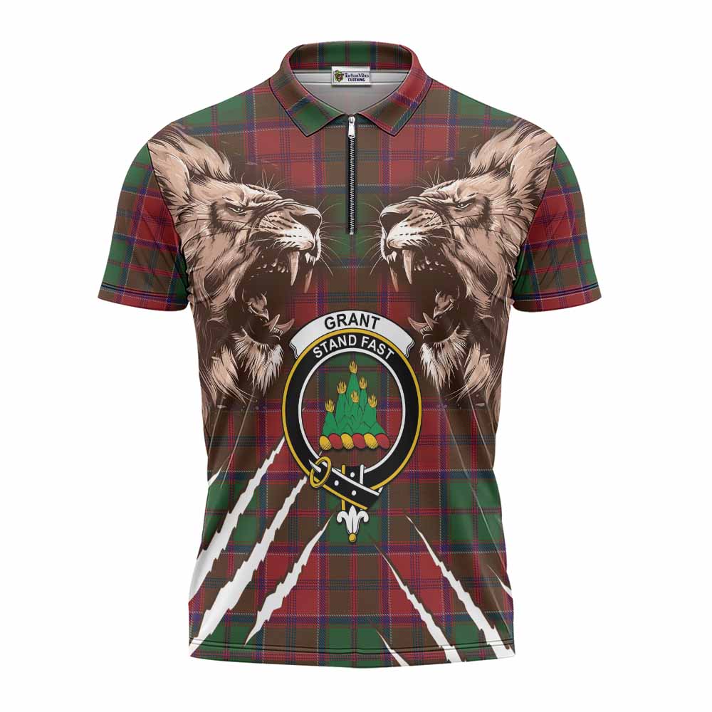 Grant Tartan Crest Zipper Polo Shirt Ferocious Lion Style