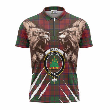 Grant Tartan Crest Zipper Polo Shirt Ferocious Lion Style