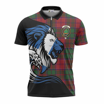 Grant Tartan Crest Zipper Polo Shirt Scottish Golden Lions Wave Flow