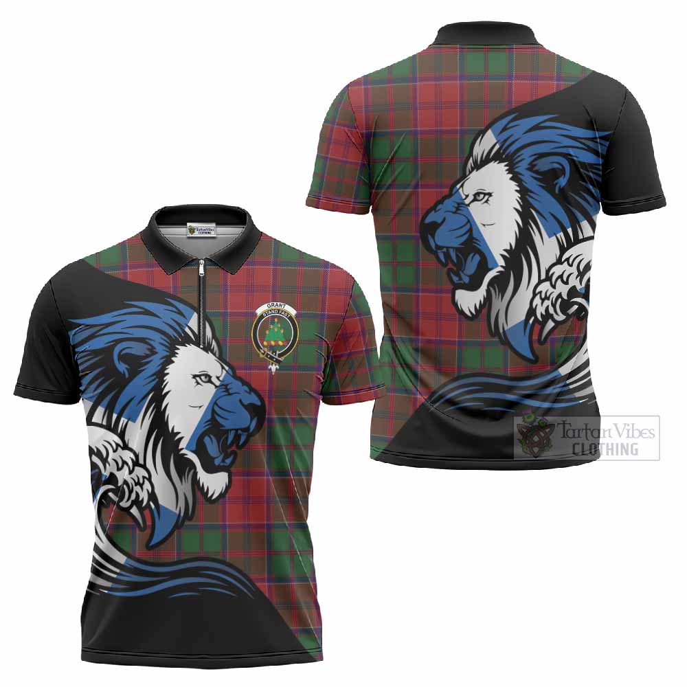 Grant Tartan Crest Zipper Polo Shirt Scottish Golden Lions Wave Flow