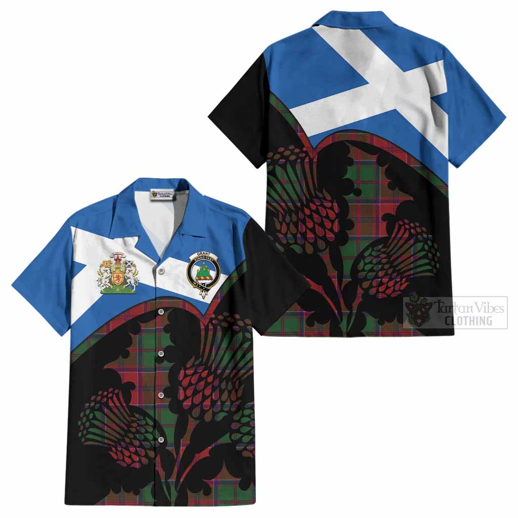 Grant Tartan Family Crest Cotton Hawaiian Shirt Scotland Thistle Floral Flag Style