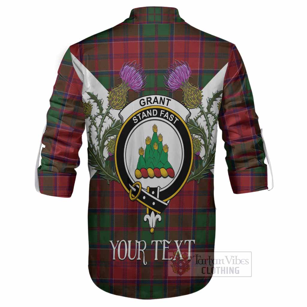 Grant Tartan Family Crest Ghillie Shirt Scottish Burns Night Thistle Floral