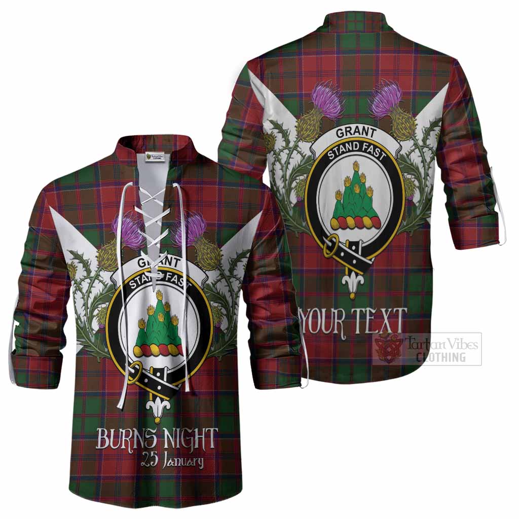 Grant Tartan Family Crest Ghillie Shirt Scottish Burns Night Thistle Floral