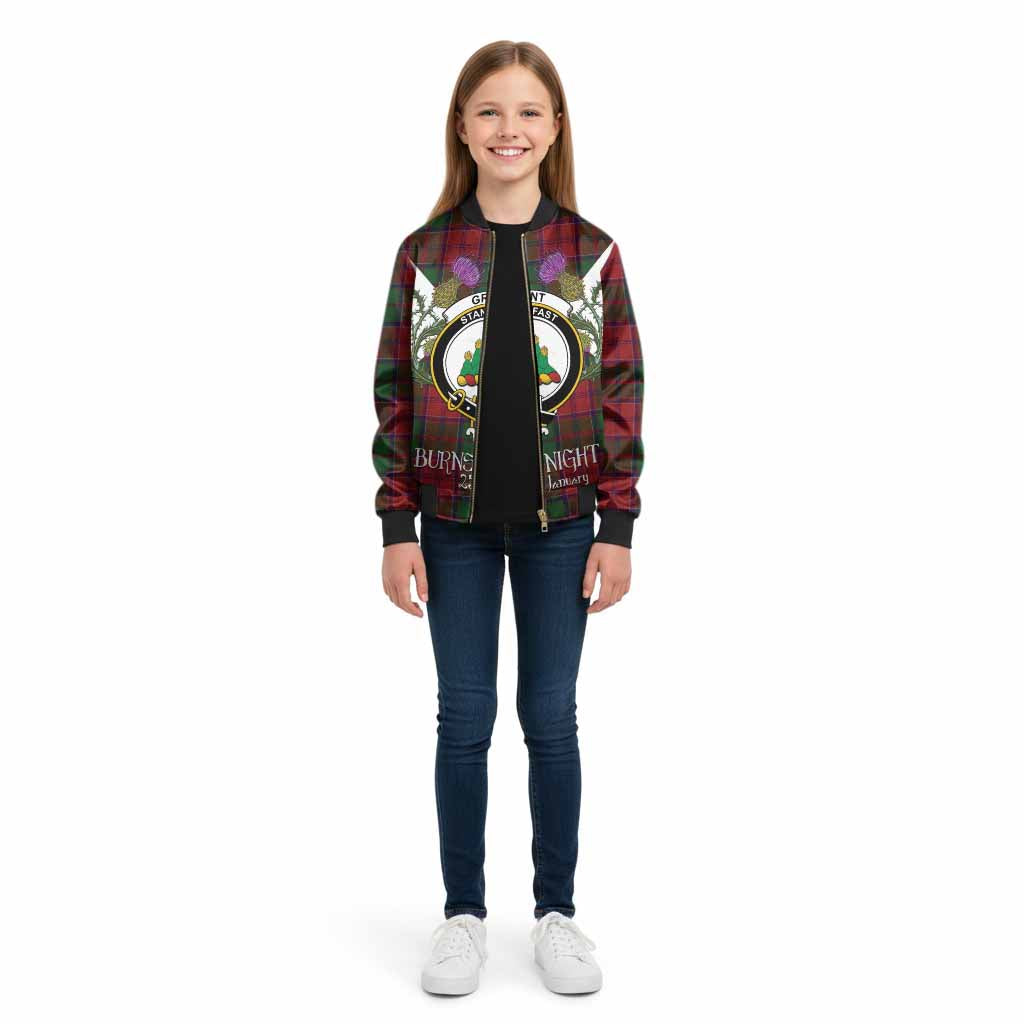 Grant Tartan Family Crest Kid Bomber Jacket Scottish Burns Night Thistle Floral