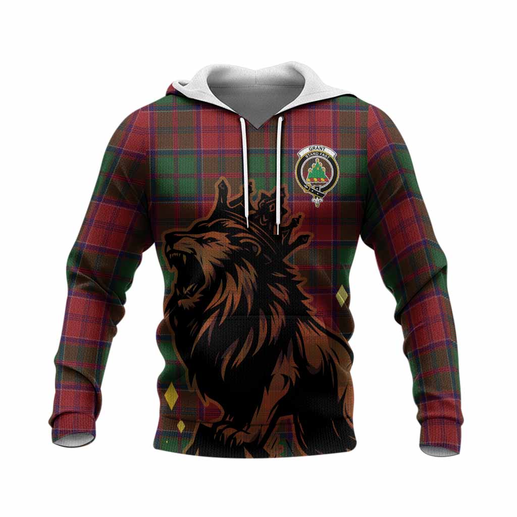 Grant Tartan Family Crest Knitted Hoodie Crowned Lion Roaring