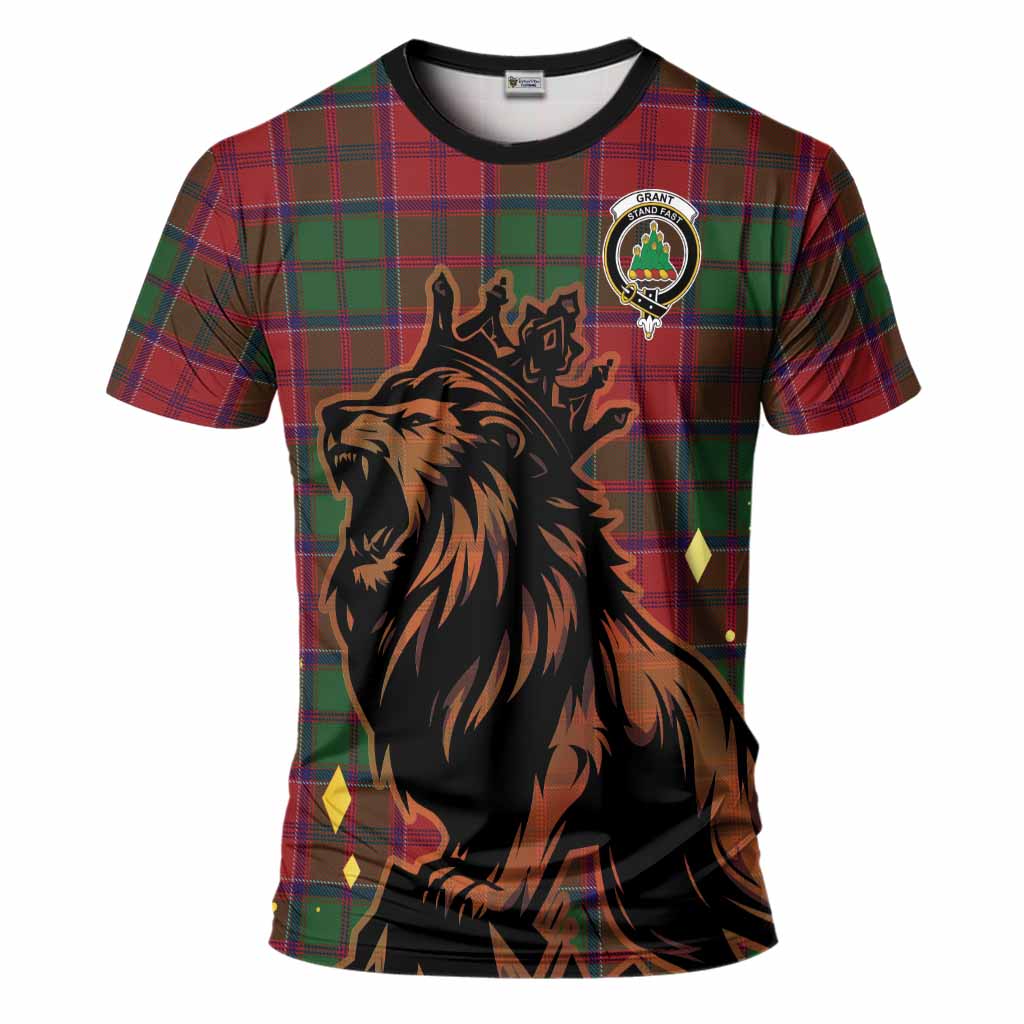 Grant Tartan Family Crest T-Shirt Crowned Lion Roaring