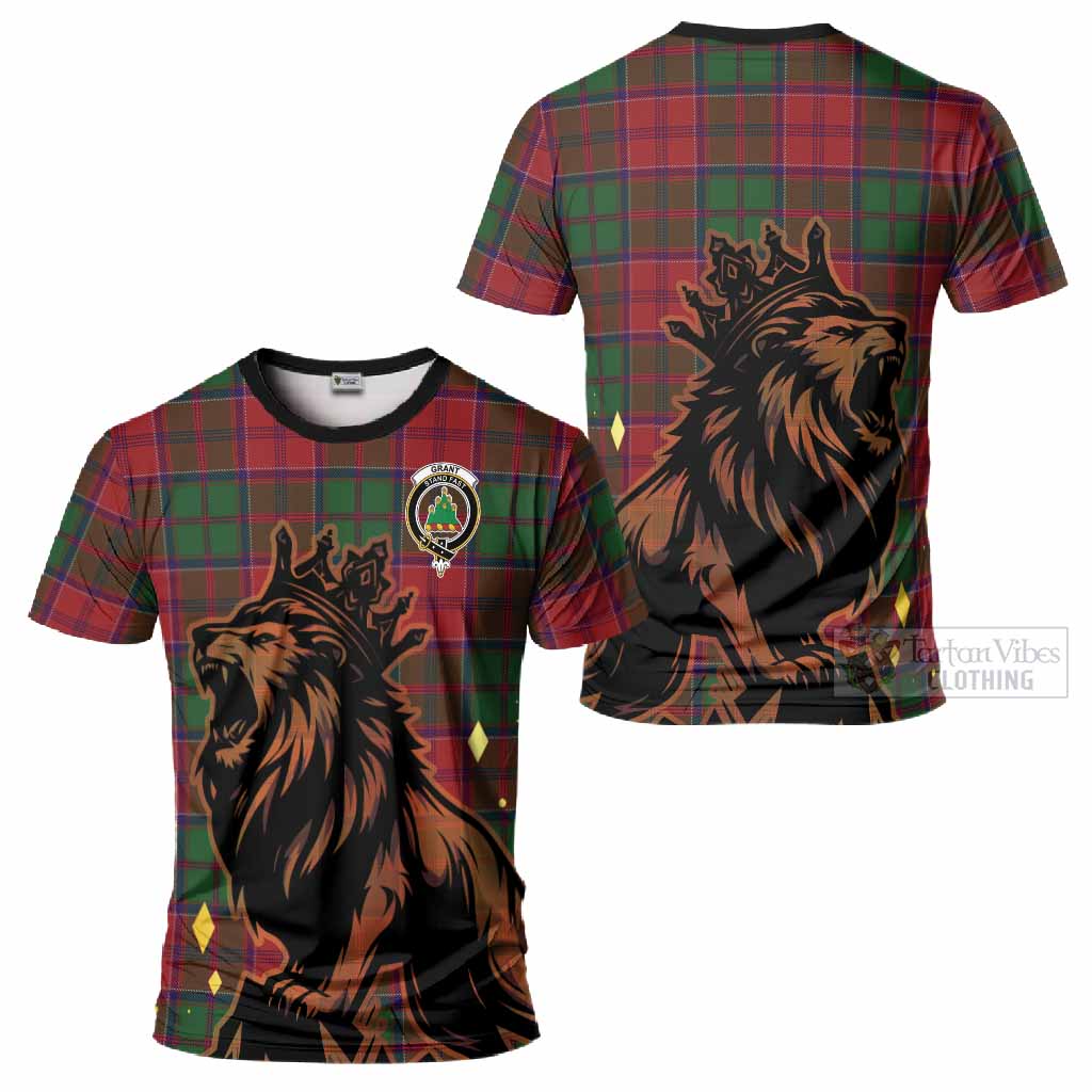 Grant Tartan Family Crest T-Shirt Crowned Lion Roaring