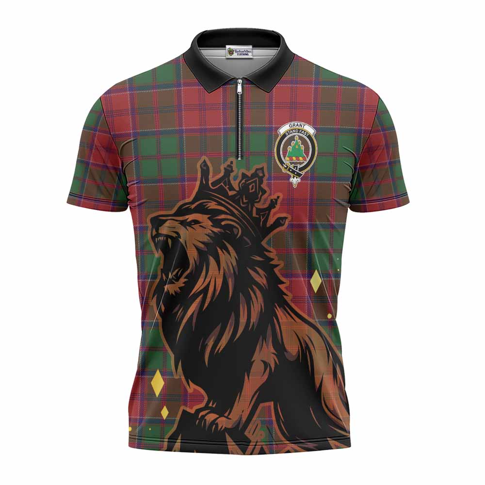 Grant Tartan Family Crest Zipper Polo Shirt Crowned Lion Roaring