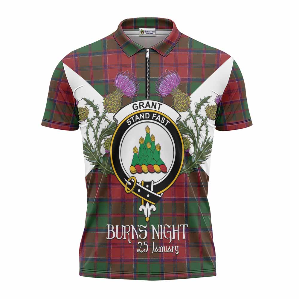 Grant Tartan Family Crest Zipper Polo Shirt Scottish Burns Night Thistle Floral