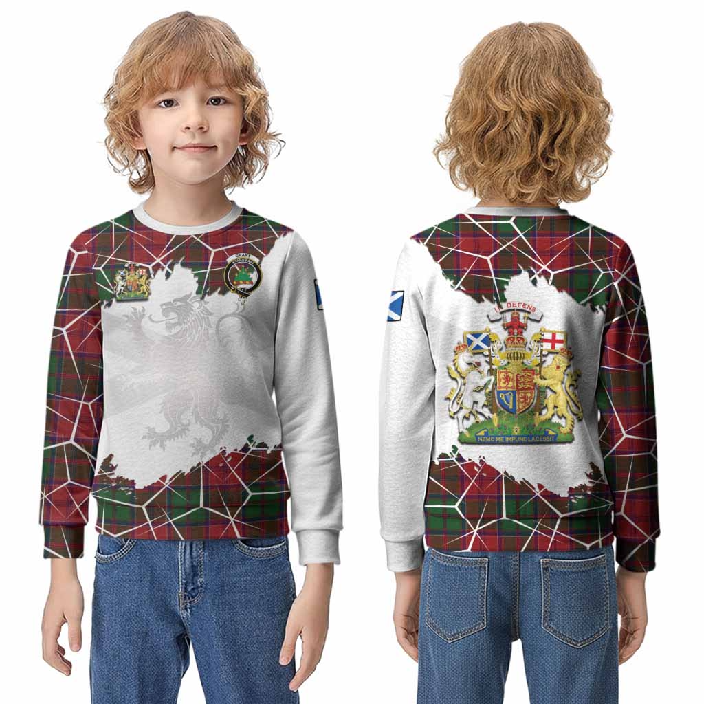 Grant Tartan Kid Knitted Sweatshirt with Family Crest and Lion Rampant Grunge Style