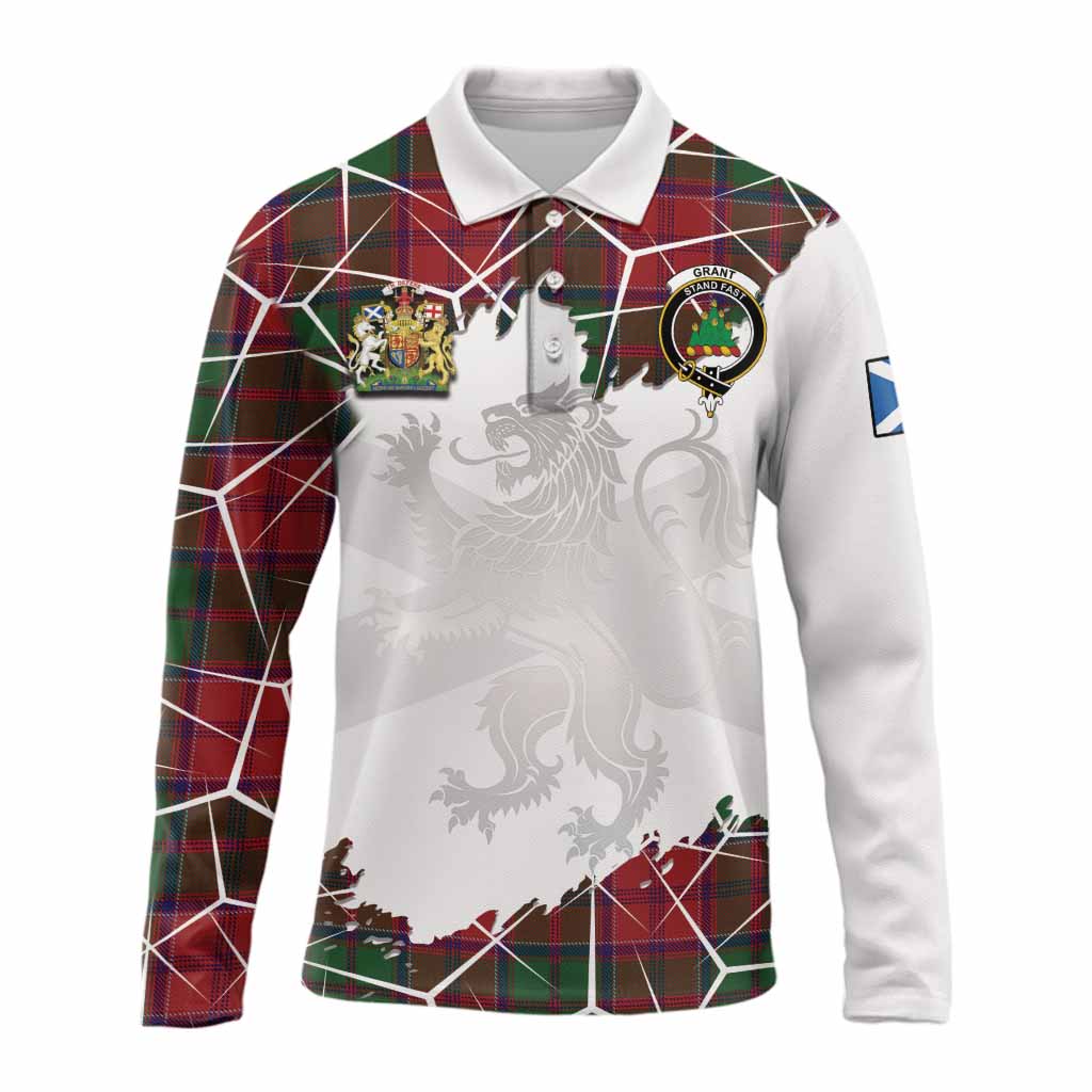 Grant Tartan Long Sleeve Polo Shirt with Family Crest and Lion Rampant Grunge Style