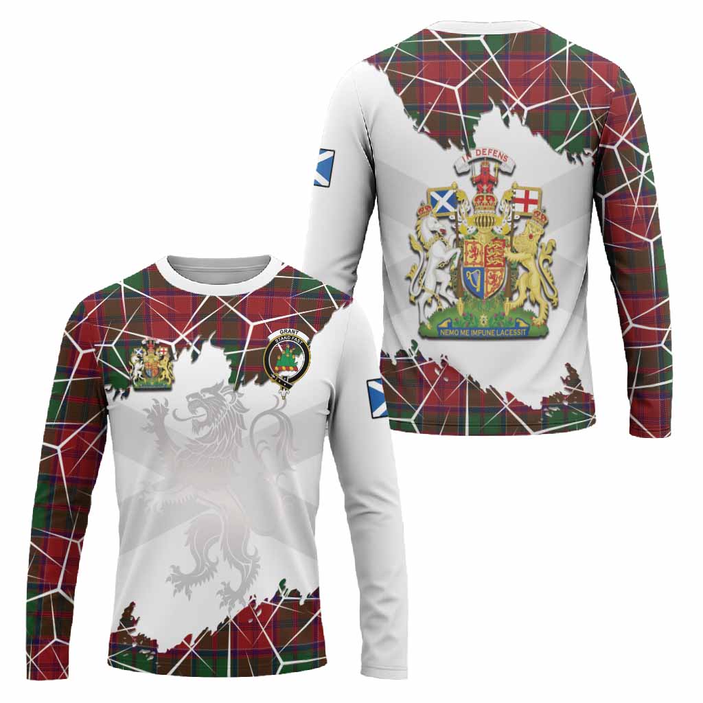 Grant Tartan Long Sleeve T-Shirt with Family Crest and Lion Rampant Grunge Style
