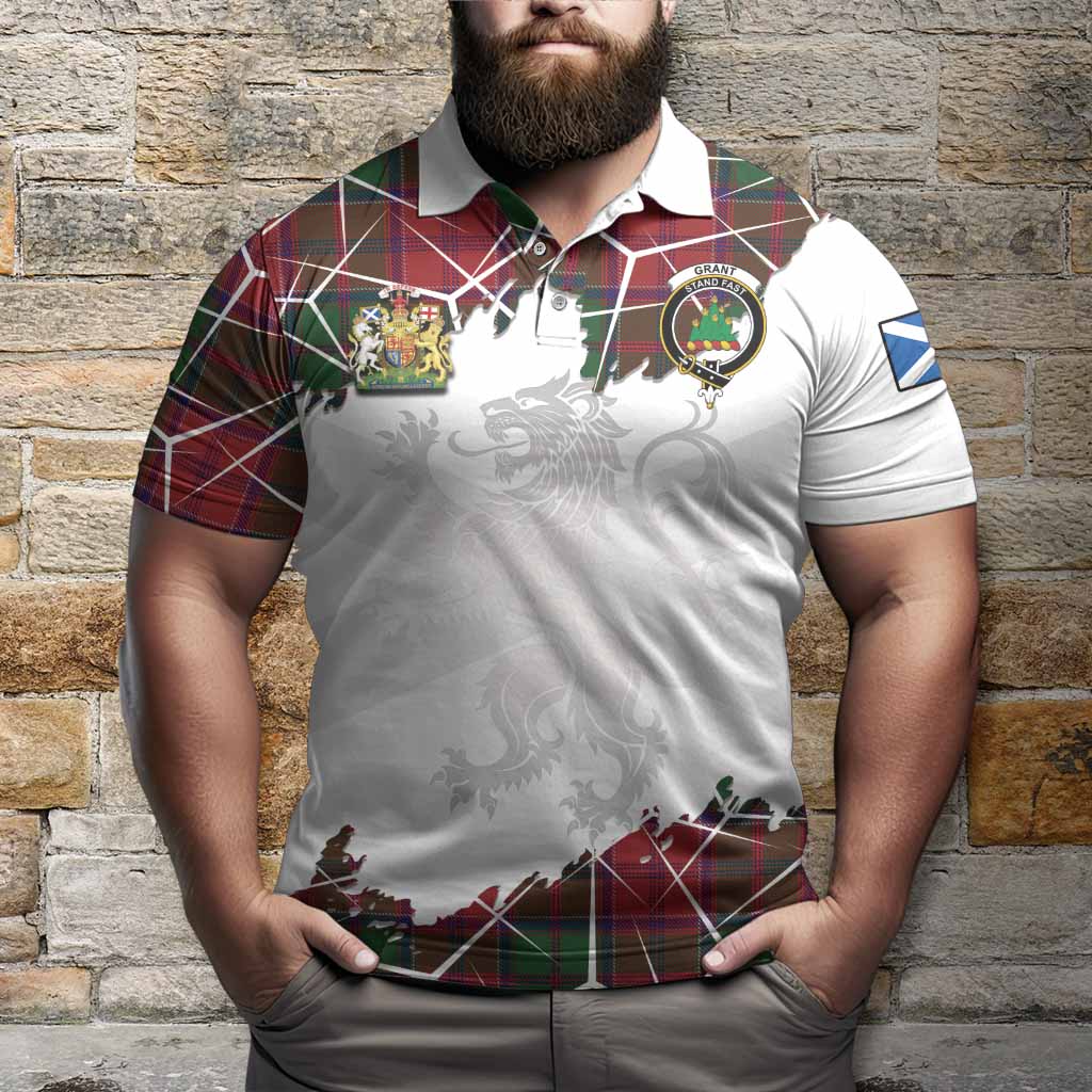 Grant Tartan Polo Shirt with Family Crest and Lion Rampant Grunge Style