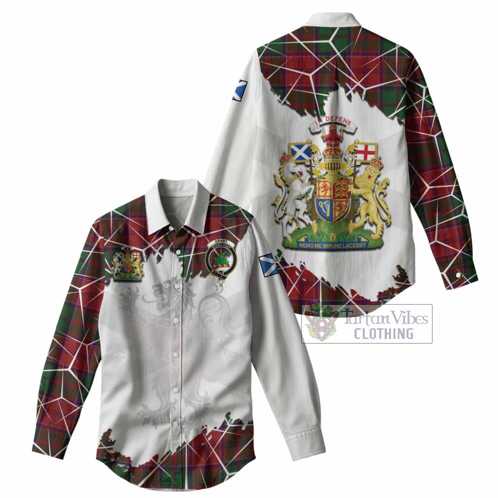 Grant Tartan Women Casual Shirt with Family Crest and Lion Rampant Grunge Style