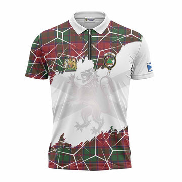Grant Tartan Zipper Polo Shirt with Family Crest and Lion Rampant Grunge Style