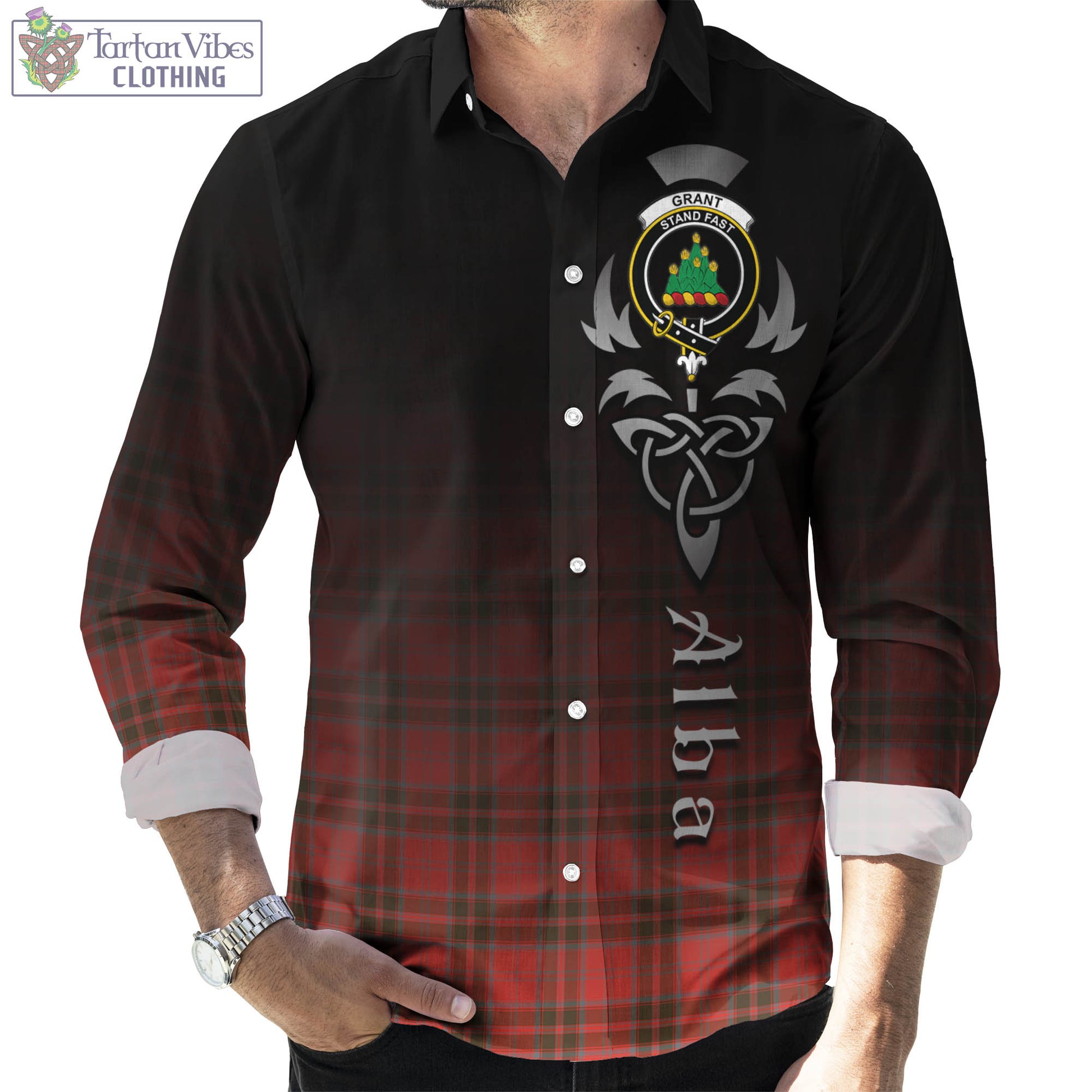 Tartan Vibes Clothing Grant Weathered Tartan Long Sleeve Button Up Featuring Alba Gu Brath Family Crest Celtic Inspired