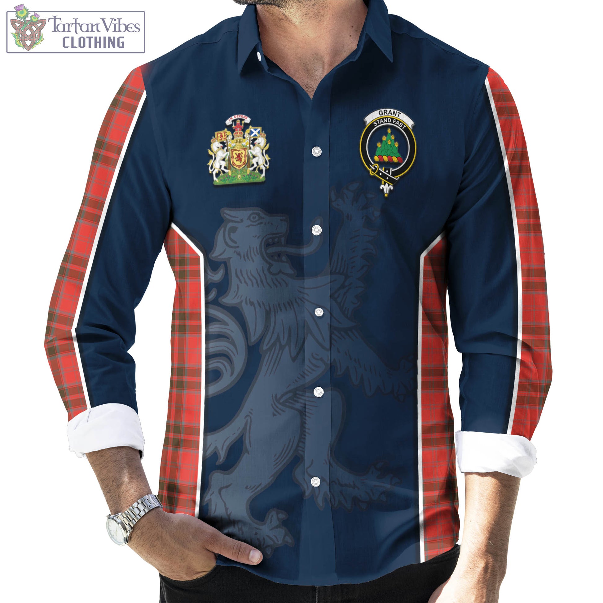Tartan Vibes Clothing Grant Weathered Tartan Long Sleeve Button Up Shirt with Family Crest and Lion Rampant Vibes Sport Style