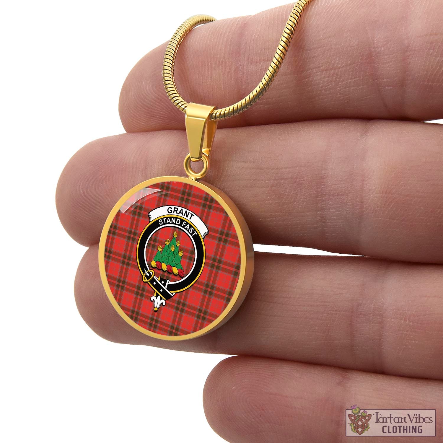 Tartan Vibes Clothing Grant Weathered Tartan Circle Necklace with Family Crest