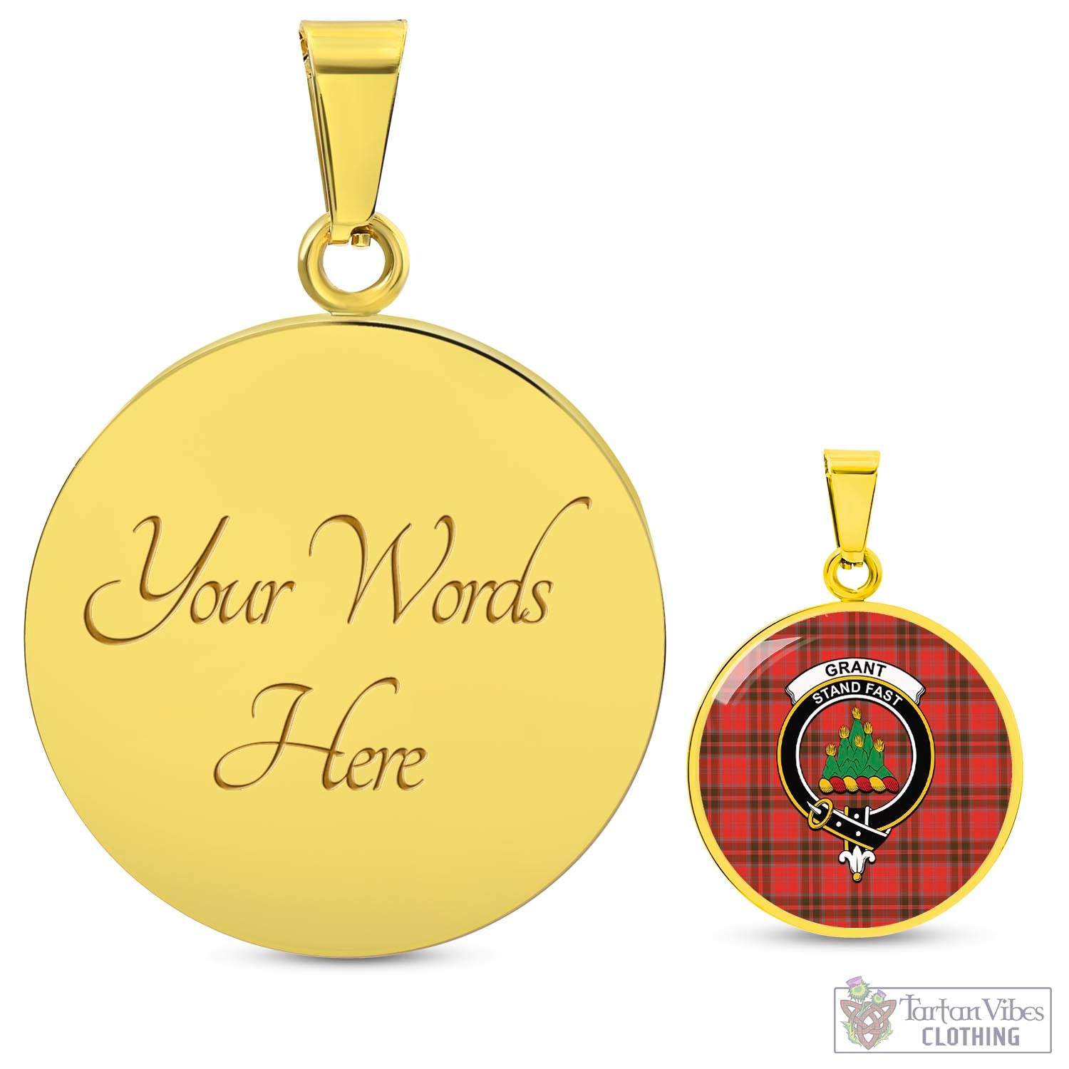 Tartan Vibes Clothing Grant Weathered Tartan Circle Necklace with Family Crest