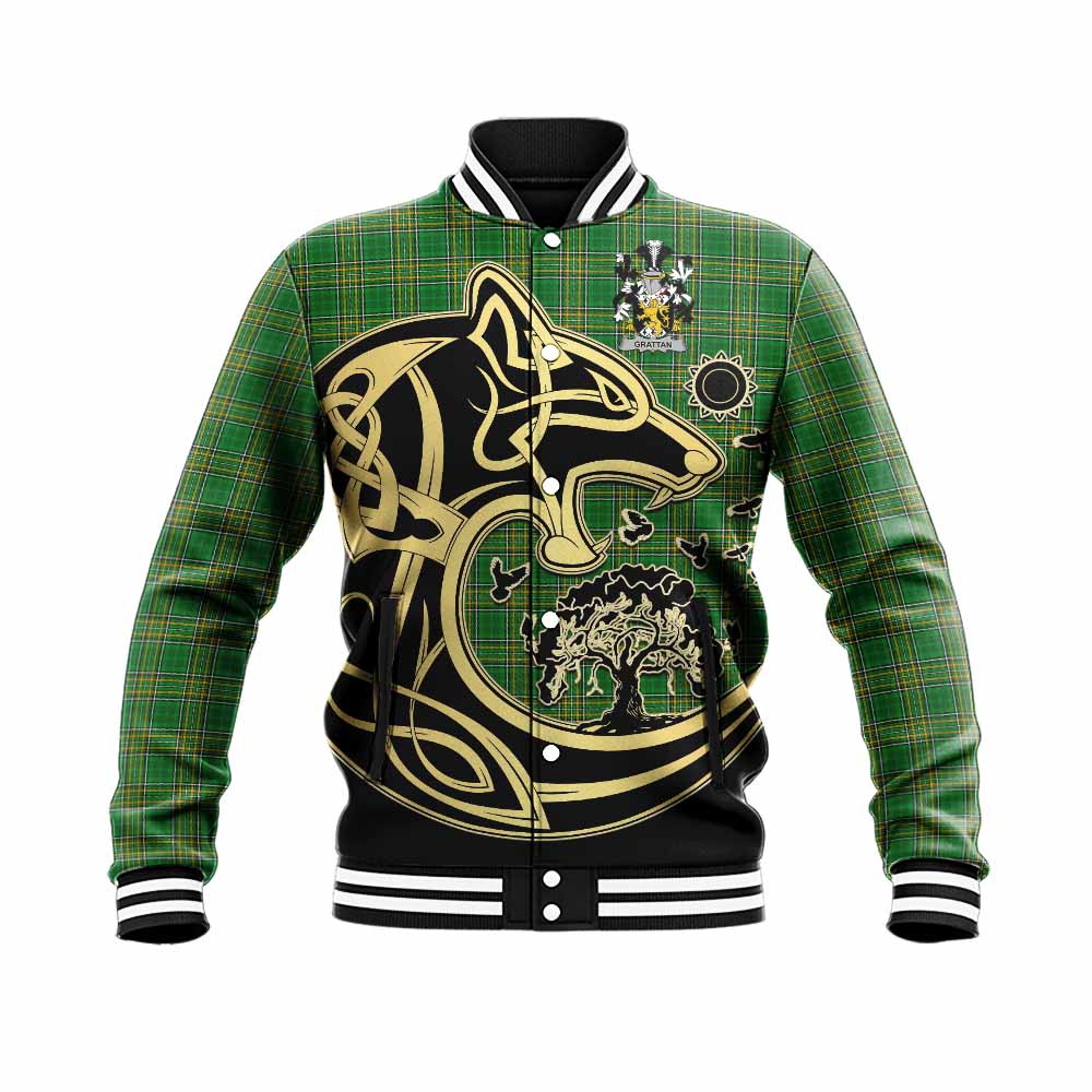 Grattan Irish Tartan Baseball Jacket with Coat of Arms Celtic Wolf Style Unisex - Tartan Vibes Clothing