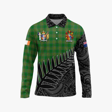 Tartan Vibes Clothing Graves Irish Clan Tartan Long Sleeve Polo Shirt with Coat of Arms New Zealand Silver Fern Half Style