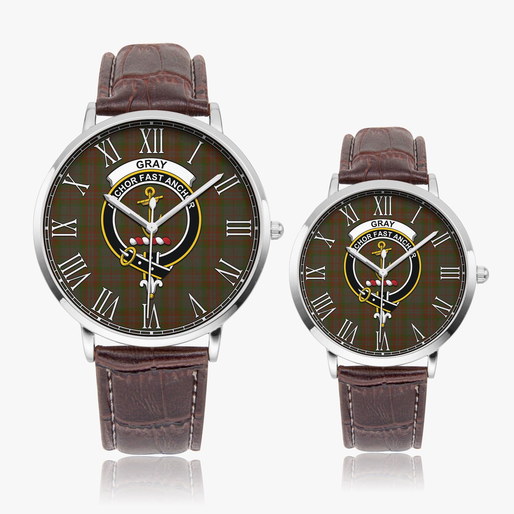 Gray Tartan Family Crest Leather Strap Quartz Watch - Tartan Vibes Clothing