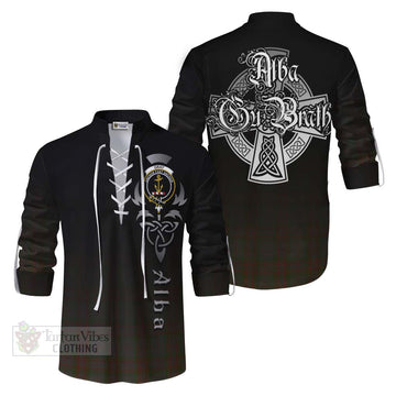 Gray Tartan Ghillie Kilt Shirt Featuring Alba Gu Brath Family Crest Celtic Inspired Men - Tartan Vibes Clothing