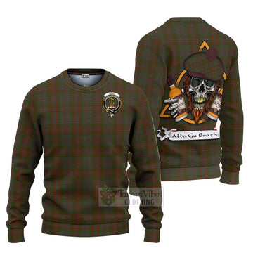Gray Tartan Ugly Sweater with Family Crest and Bearded Skull Holding Bottles of Whiskey Unisex - Tartan Vibes Clothing