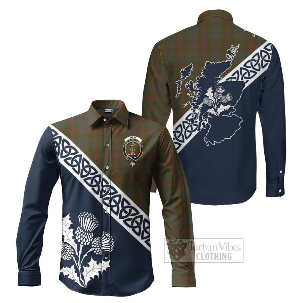 Gray Tartan Long Sleeve Button Shirt Featuring Thistle and Scotland Map Men's Shirt S - Tartan Vibes Clothing