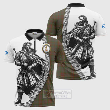 Gray Tartan Clan Crest Zipper Polo Shirt with Highlander Warrior Celtic Style Unisex - Tartan Vibes Clothing