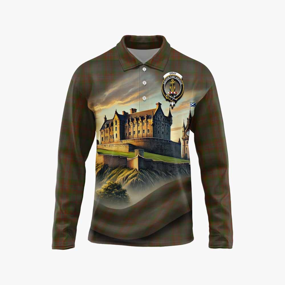 Gray Tartan Family Crest Long Sleeve Polo Shirt with Scottish Ancient Castle Style Unisex - Tartan Vibes Clothing