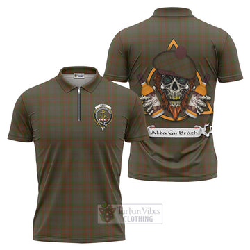 Gray Tartan Zipper Polo Shirt with Family Crest and Bearded Skull Holding Bottles of Whiskey Unisex - Tartan Vibes Clothing