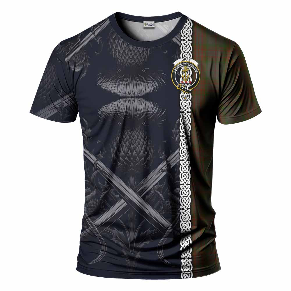 Gray Tartan T-Shirt with Family Crest Cross Sword Thistle Celtic Vibes Kid's Shirt - Tartan Vibes Clothing